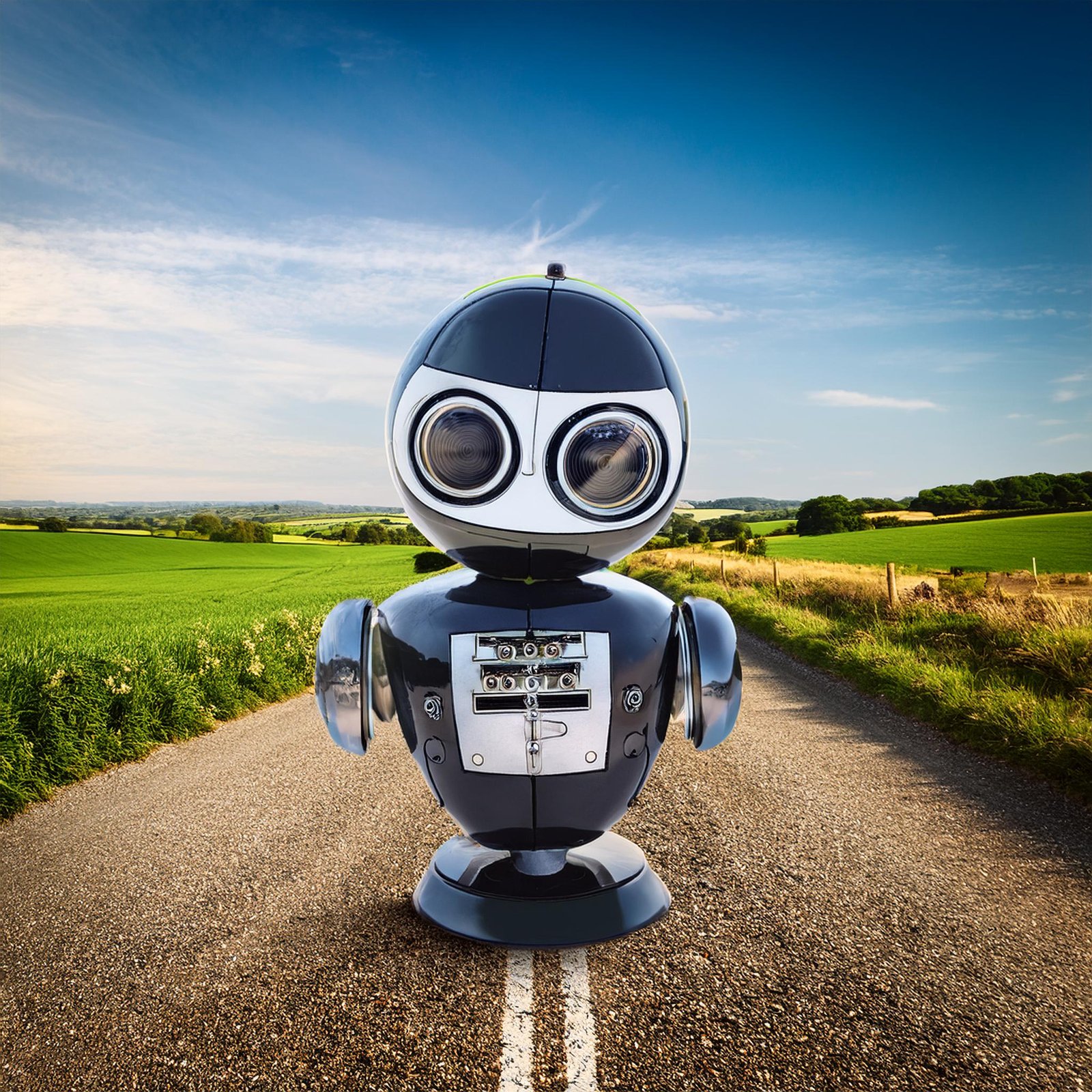 Firefly British secret agent robot portrait, in the background a country road with green fields 4532