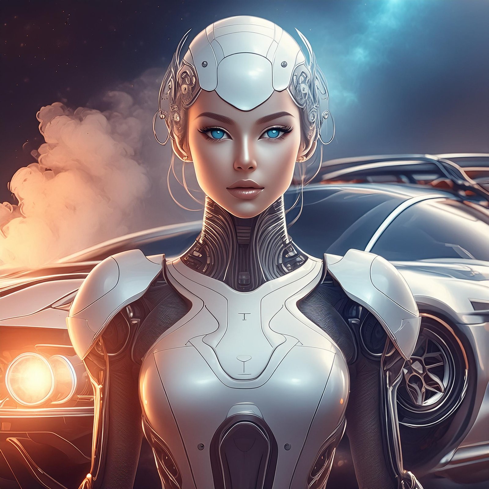 Firefly Female robot face with human features standing next to a sports car set against glowing ligh