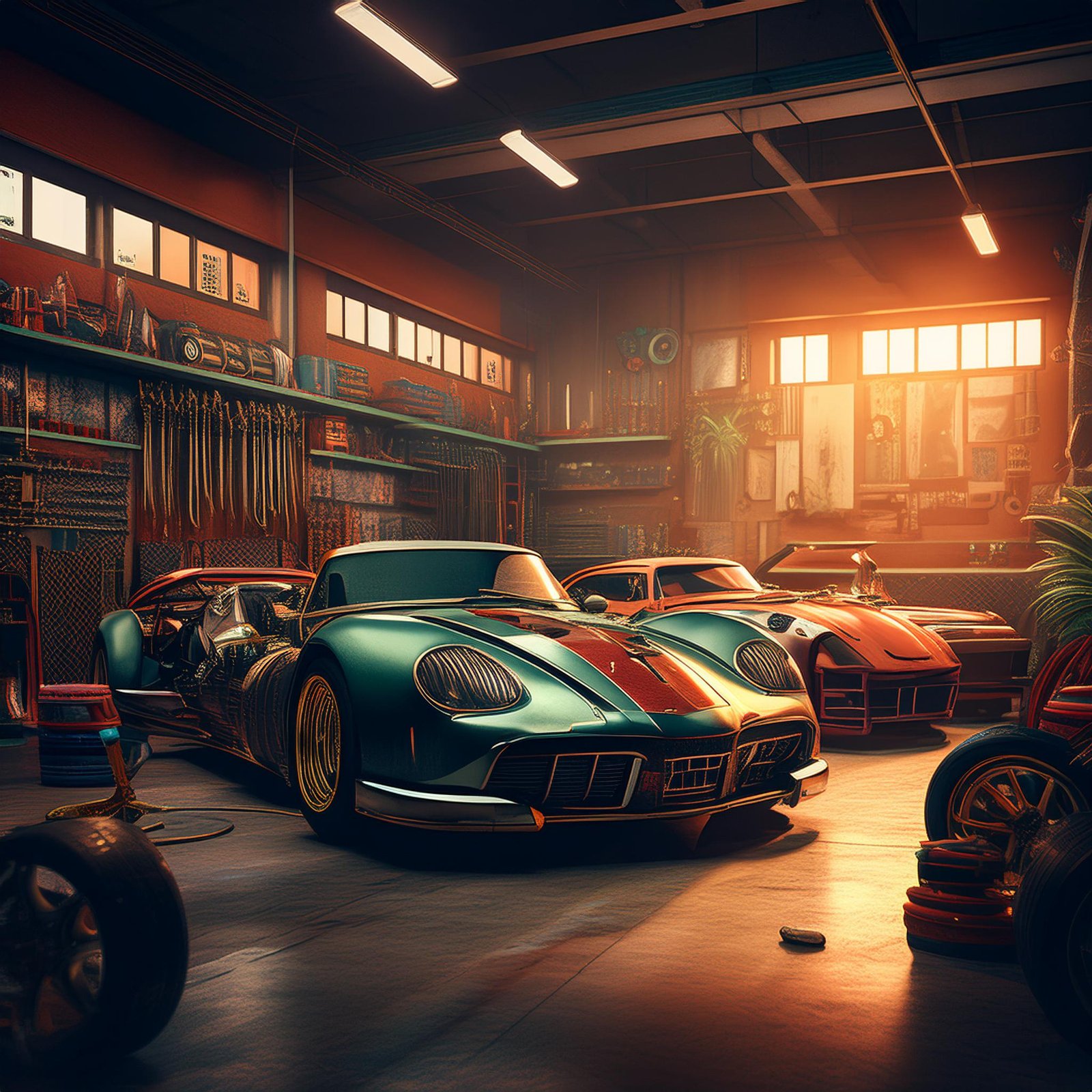 Firefly large collection of exotic classic race cars in a garage, low light mood, background with ca (12)