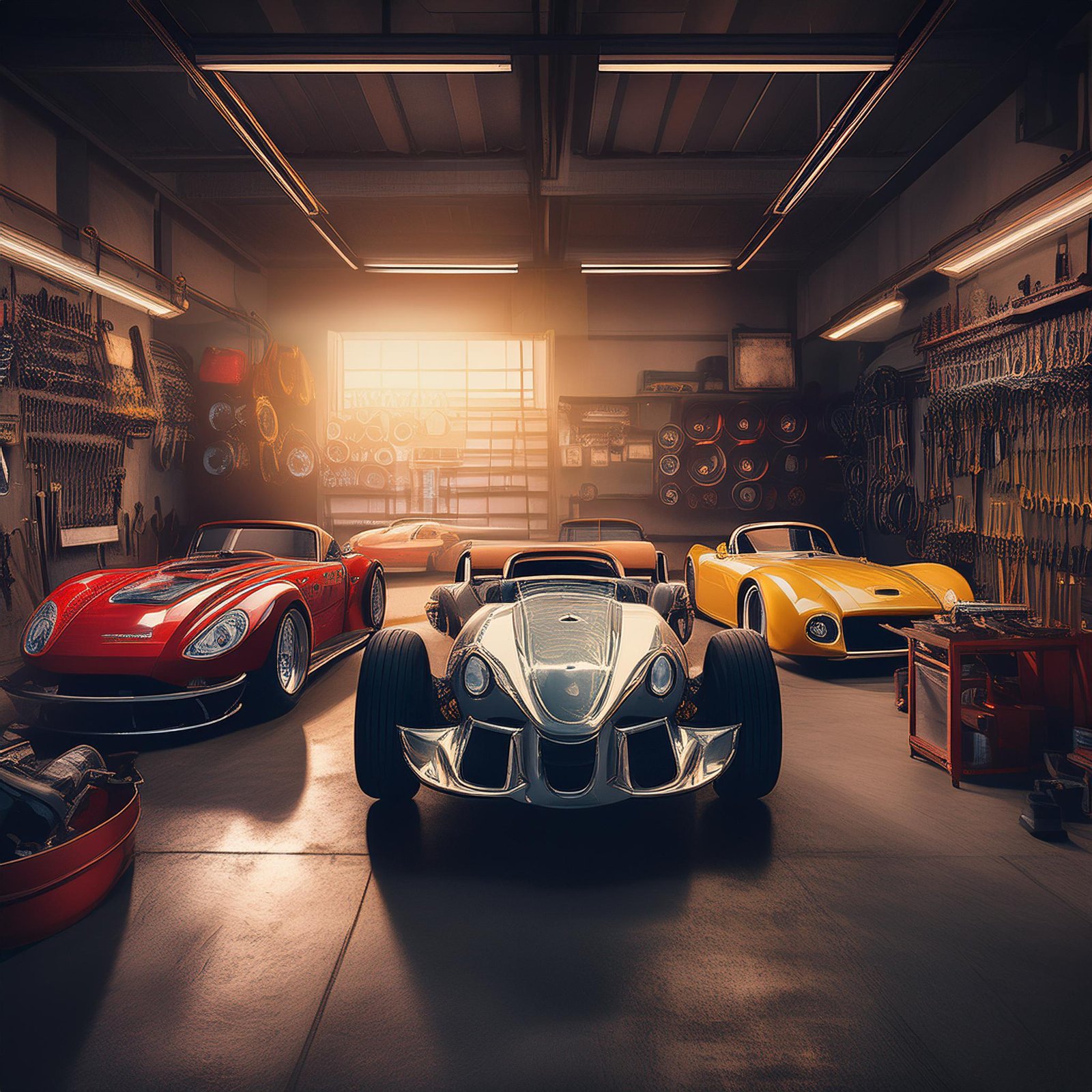 Firefly large collection of exotic classic race cars in a garage, low light mood, background with ca (7)