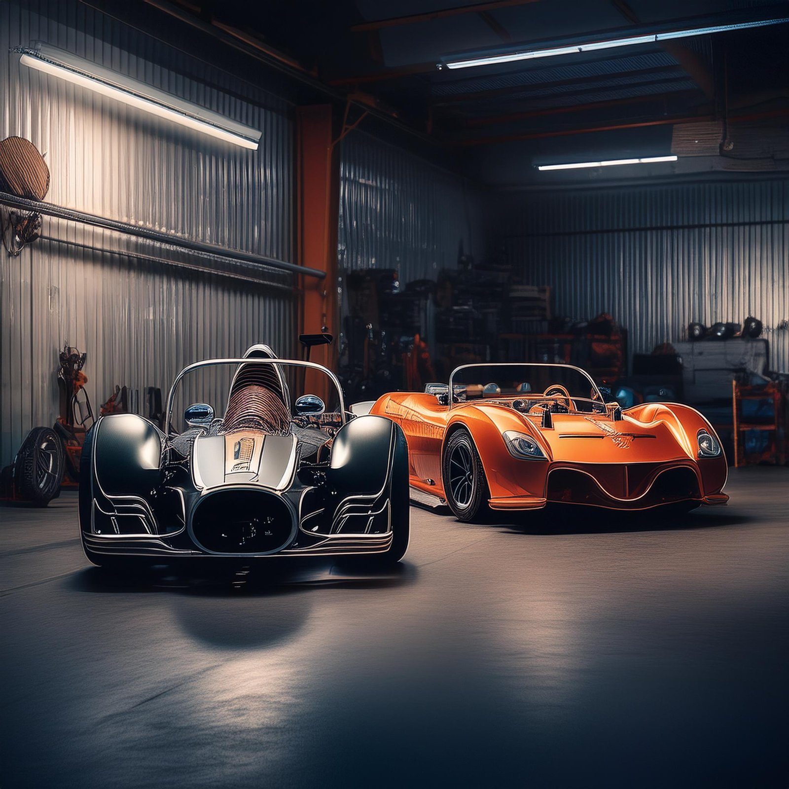 Firefly two exotic classic race cars in a garage, low light mood, background with car garage tools a (1)